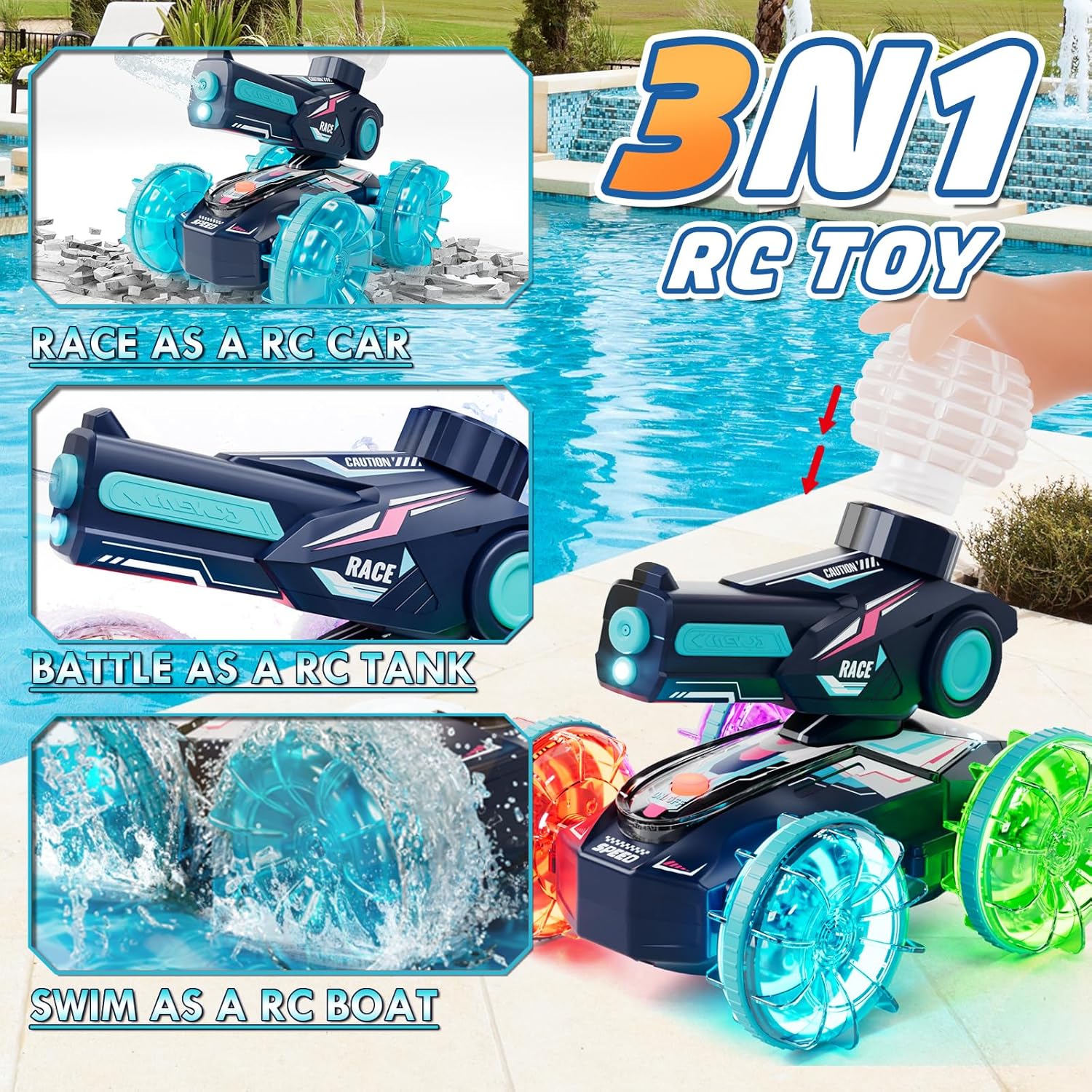 Amphibious Remote Control Car, 4WD RC Cars for Boys Age 8-12 with Water Gun, Remote Control Boat for Kids, 2.4 GHz