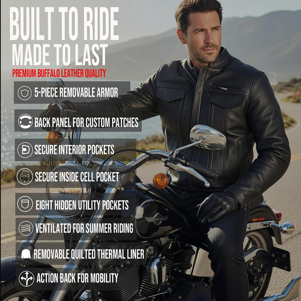COMMUTER Men's Motorcycle Jacket, Premium Buffalo Leather, CE Armor - Ventilation, Utility Pockets, Cruiser Biker
