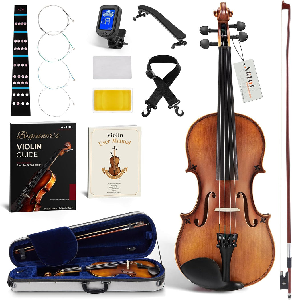 Handcrafted Full Size Violin: Solid Wood Matte Fiddle, Acoustic Beginner 4/4 Violin Kit with Hard Case, Lesson Book