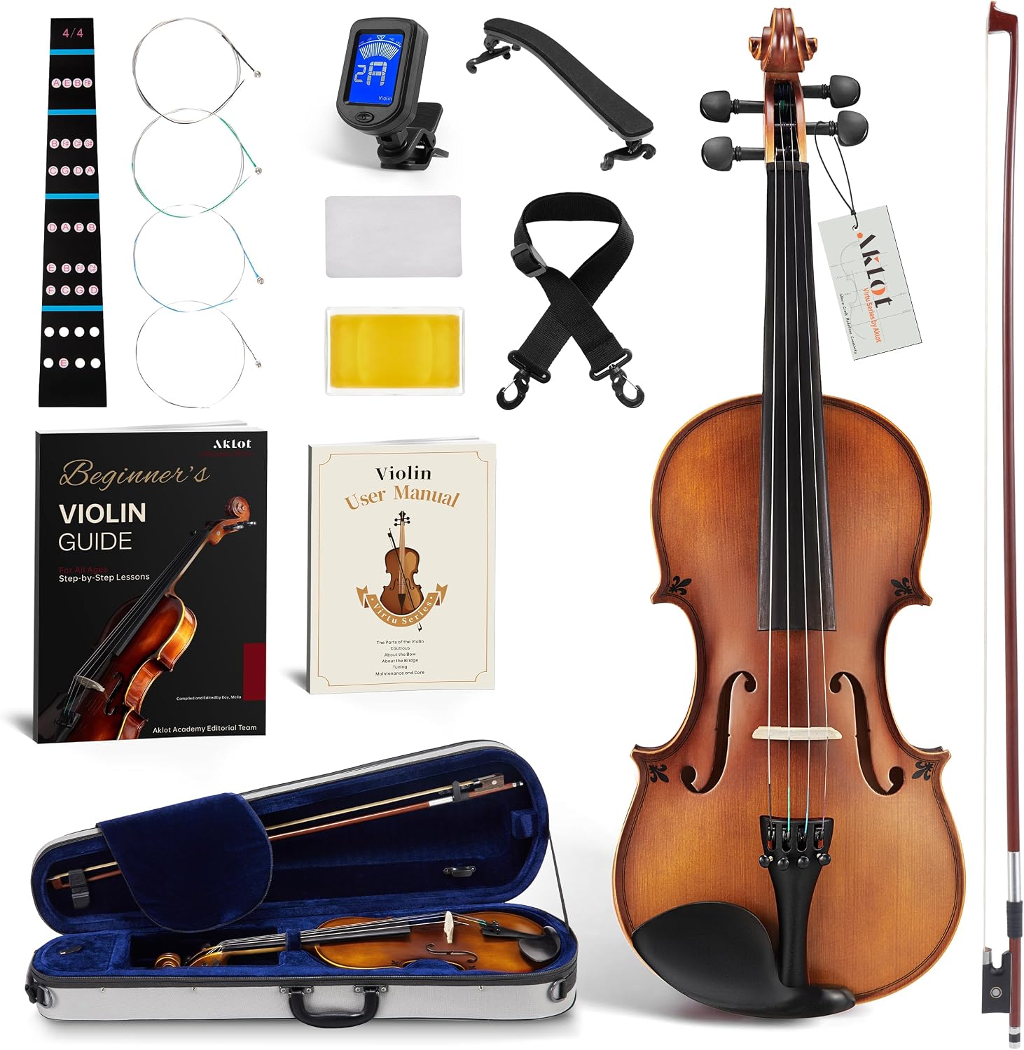 Handcrafted Full Size Violin: Solid Wood Matte Fiddle, Acoustic Beginner 4/4 Violin Kit with Hard Case, Lesson Book