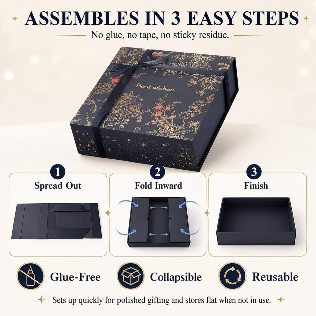 Large Navy Magnetic Gift Box Set, 12 x 12 x 4 Inch, with Gift Bag