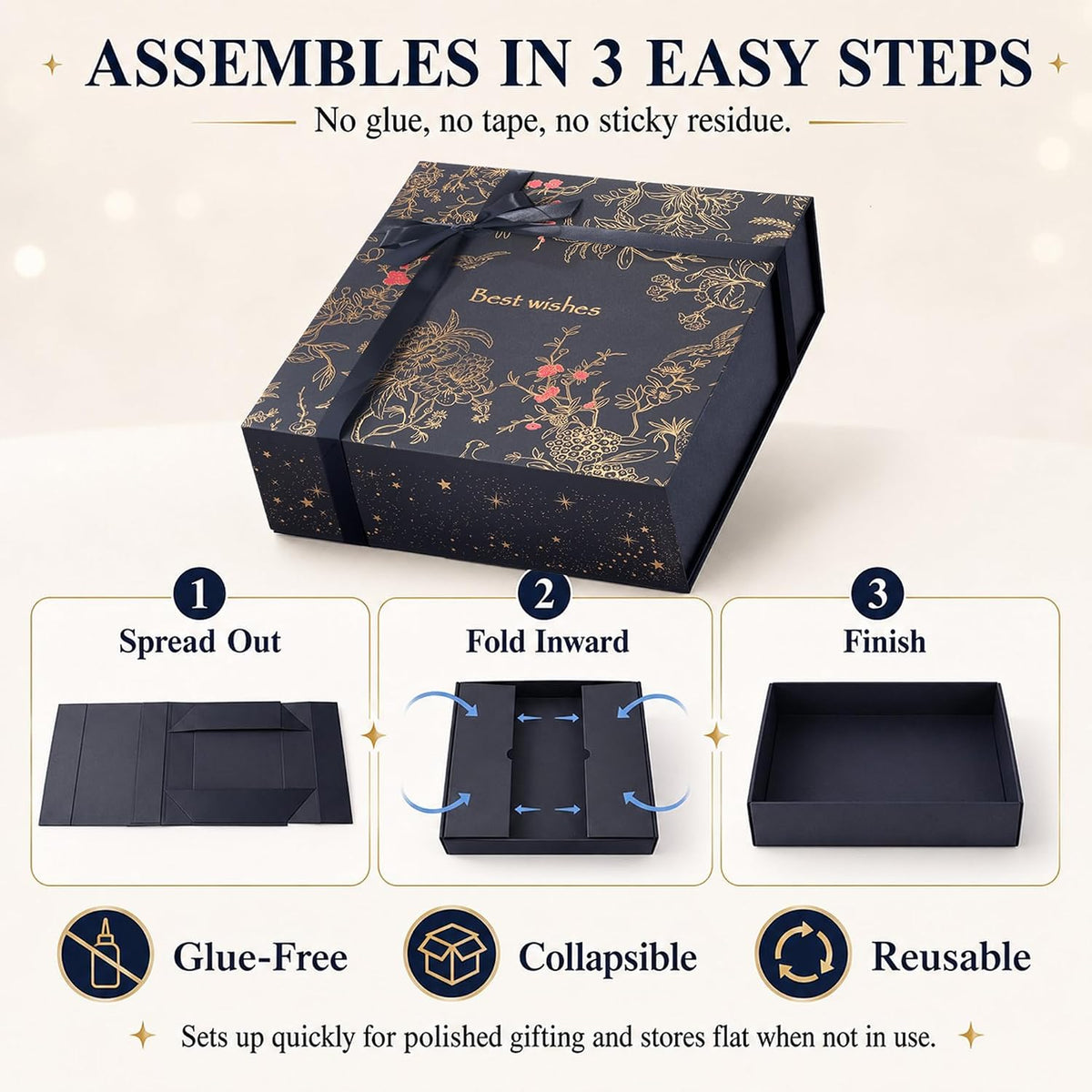 Large Navy Magnetic Gift Box Set, 12 x 12 x 4 Inch, with Gift Bag