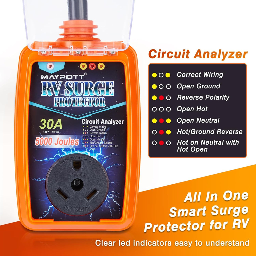 30 Amp RV Surge Protector with 50A to 30A Conversion Adapter - Full Circuit Analysis, Waterproof Cover, and Enhanced
