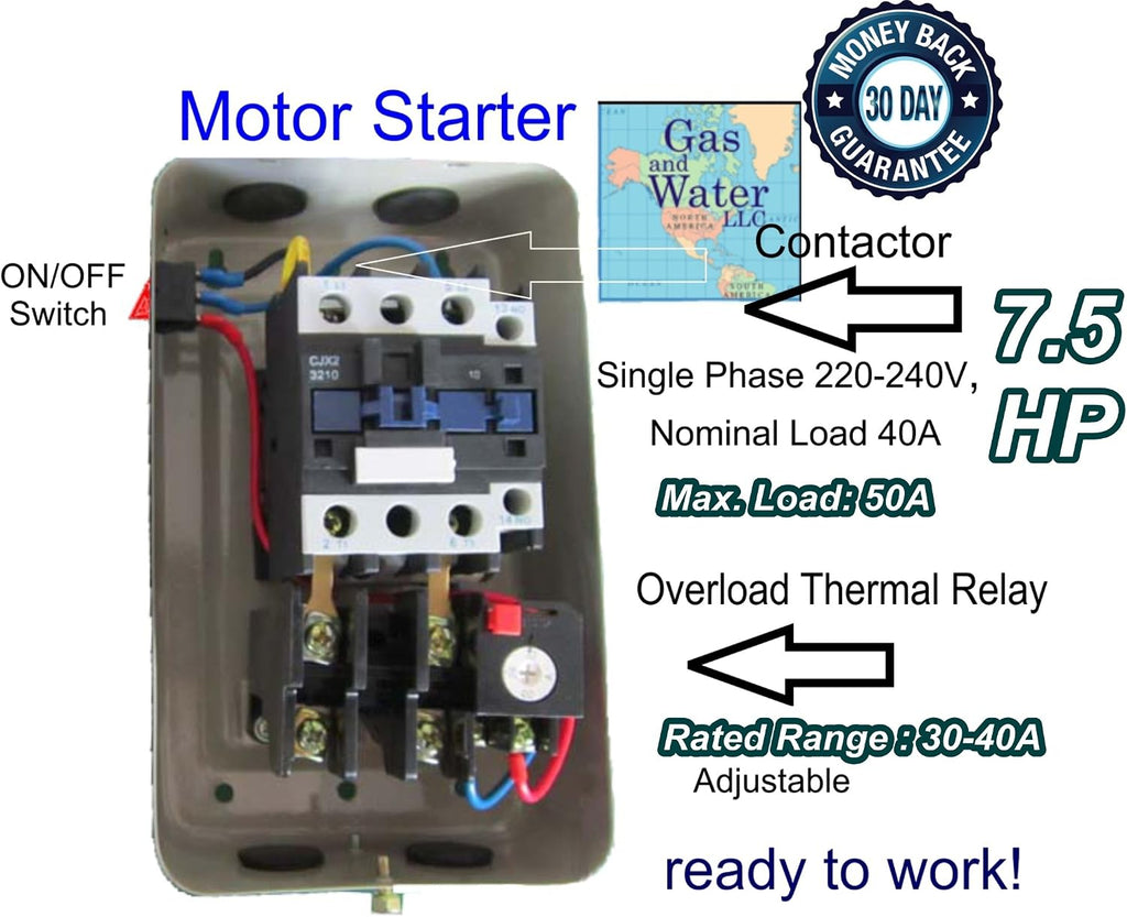 Magnetic Electric Motor Starter 7.5 HP Single Phase Control 220/240V 30-40A