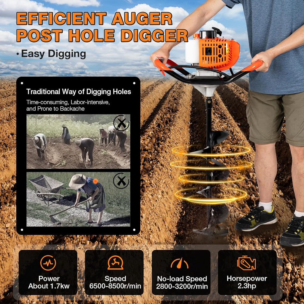 52CC Gas Powered Post Hole Digger, 2.3HP 2-Stroke Earth Auger with 3 Auger Bits (4", 6", 8") and Extension Rod