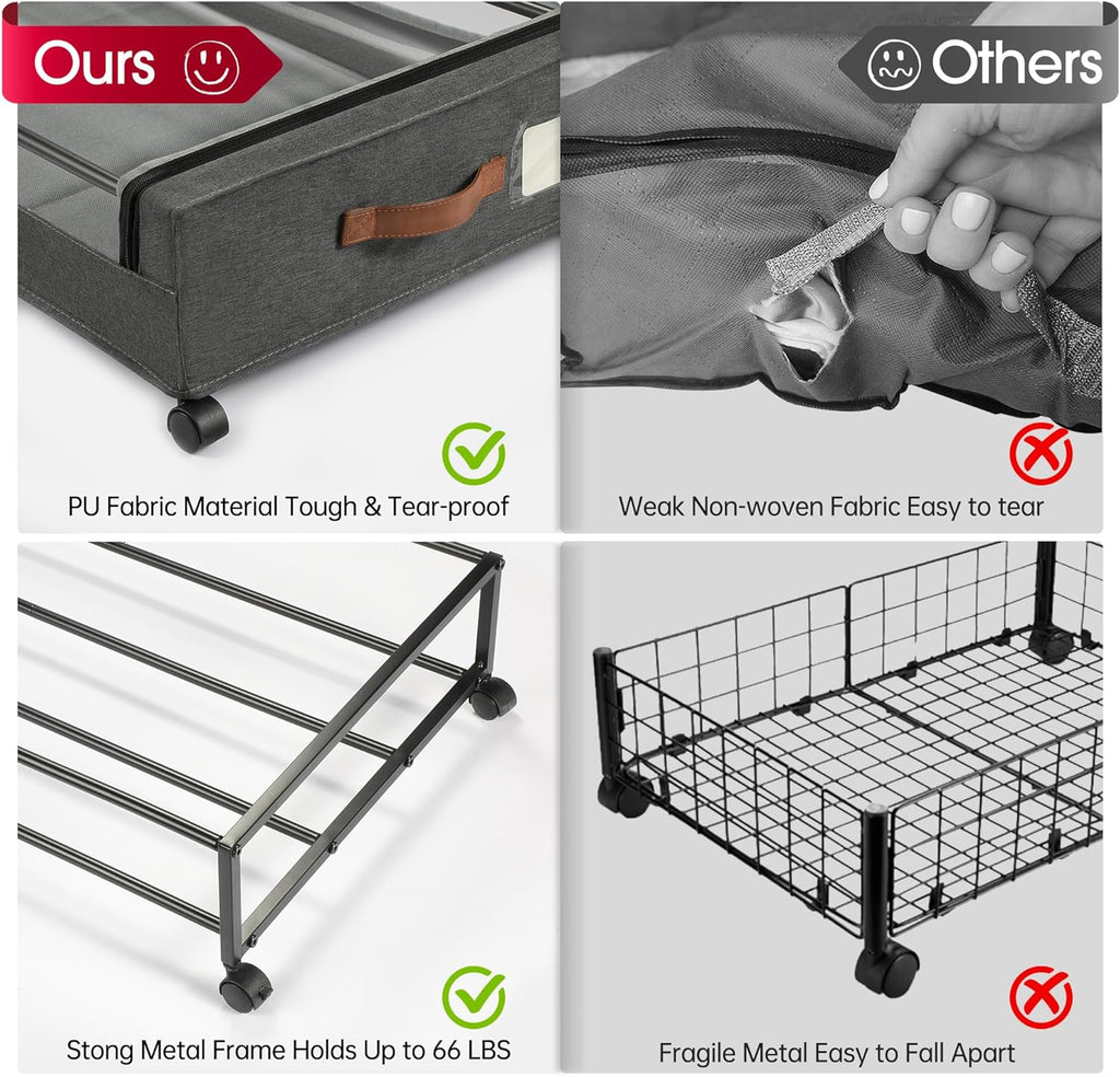 Under Bed Storage with Wheels, 2Pack Under Bed Storage Containers, Underbed Shoe Storage Organizer, Rolling Under Bed
