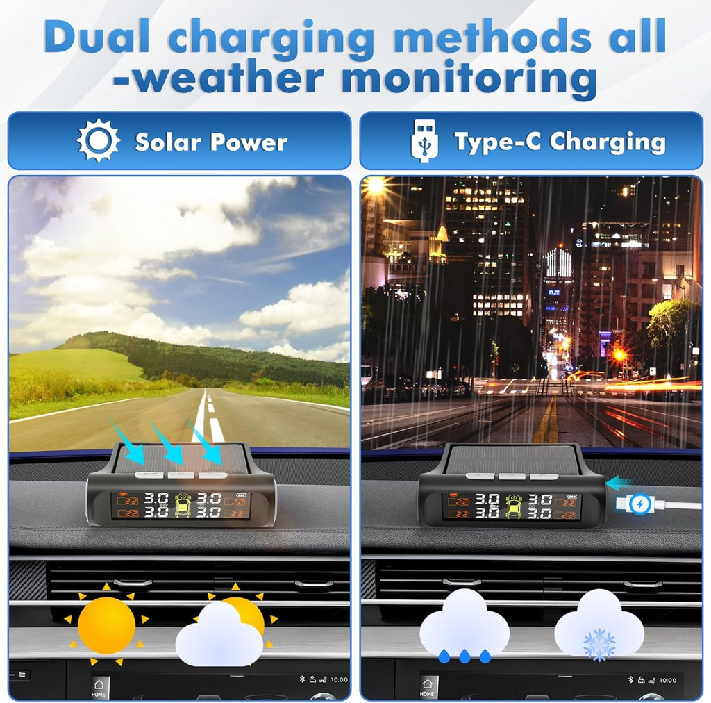 Tire Pressure Monitoring System with Solar Charge, TPMS Sensors Set of 4 | TPMS with 4 External sensors & 5 Alarm