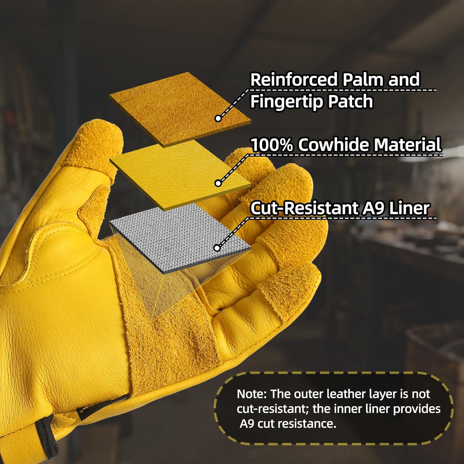 ANSI A9 Cut Resistant Leather Work Gloves, PM3401 Cut Proof Gloves, Reinforced Fingertips & Palm Cowhide Work Gloves