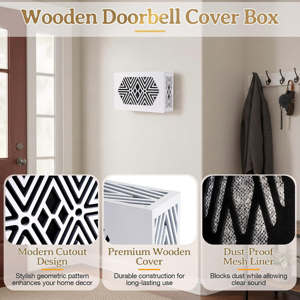 White Wooden Doorbell Chime Box Wired with 16V 10VA Wired Mechanical | Chime & Cover Set, Front/Rear Chime Tones