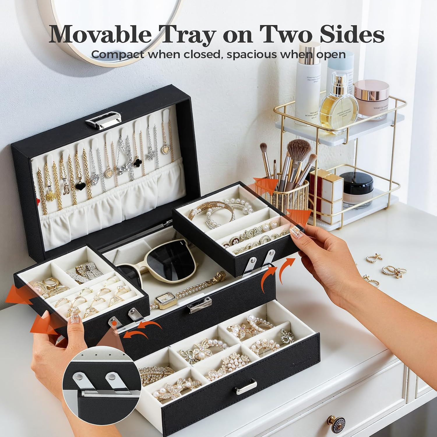 Jewelry Organizer Box, Large Jewelry Boxes for Women Girls, Space-Saving 3 Layers Jewelry Storage Case with Drawer