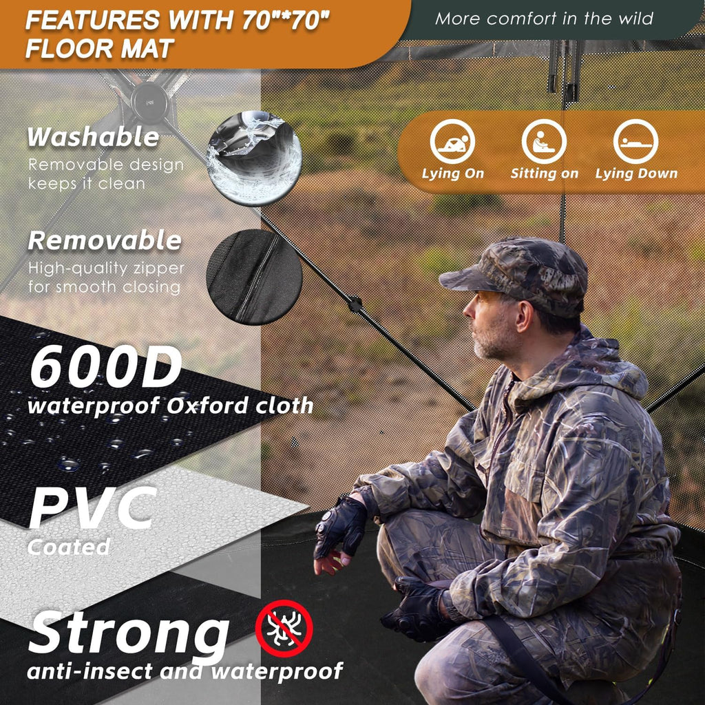 Hunting Blind with Floor Mat, 360 See Through Ground Blind, Pop Up | 2/3/4 Person Camouflage Tent, Portable Concealed
