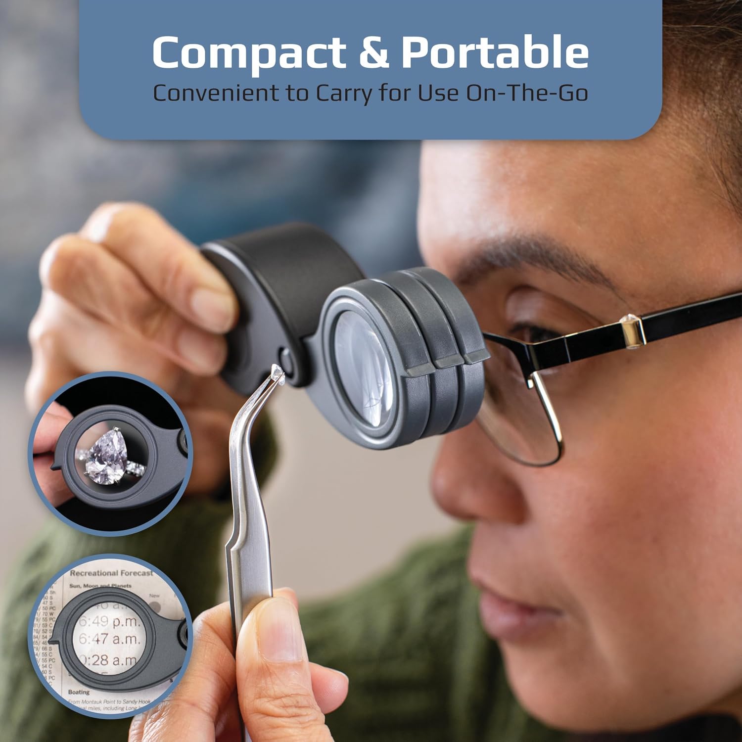 TriView 5x/10x/15x Folding Loupe Magnifier with Built-in Case, 3-in-1 Portable Loupe Magnifying Glass - Adjustable