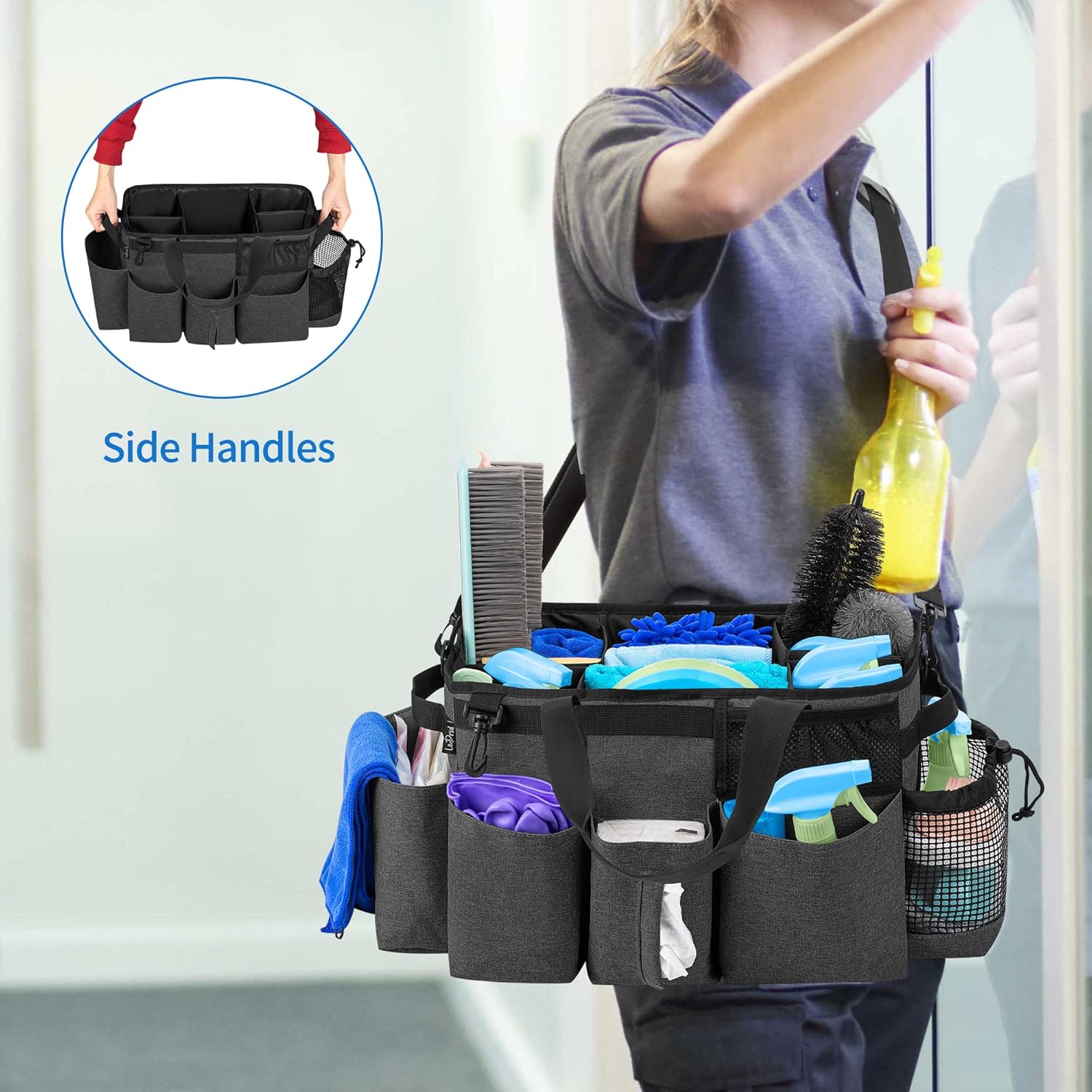 Wearable Cleaning Caddy Bag with 4 Foldable Dividers, Cleaning Supply Organizer with Shoulder Strap and Side Handles