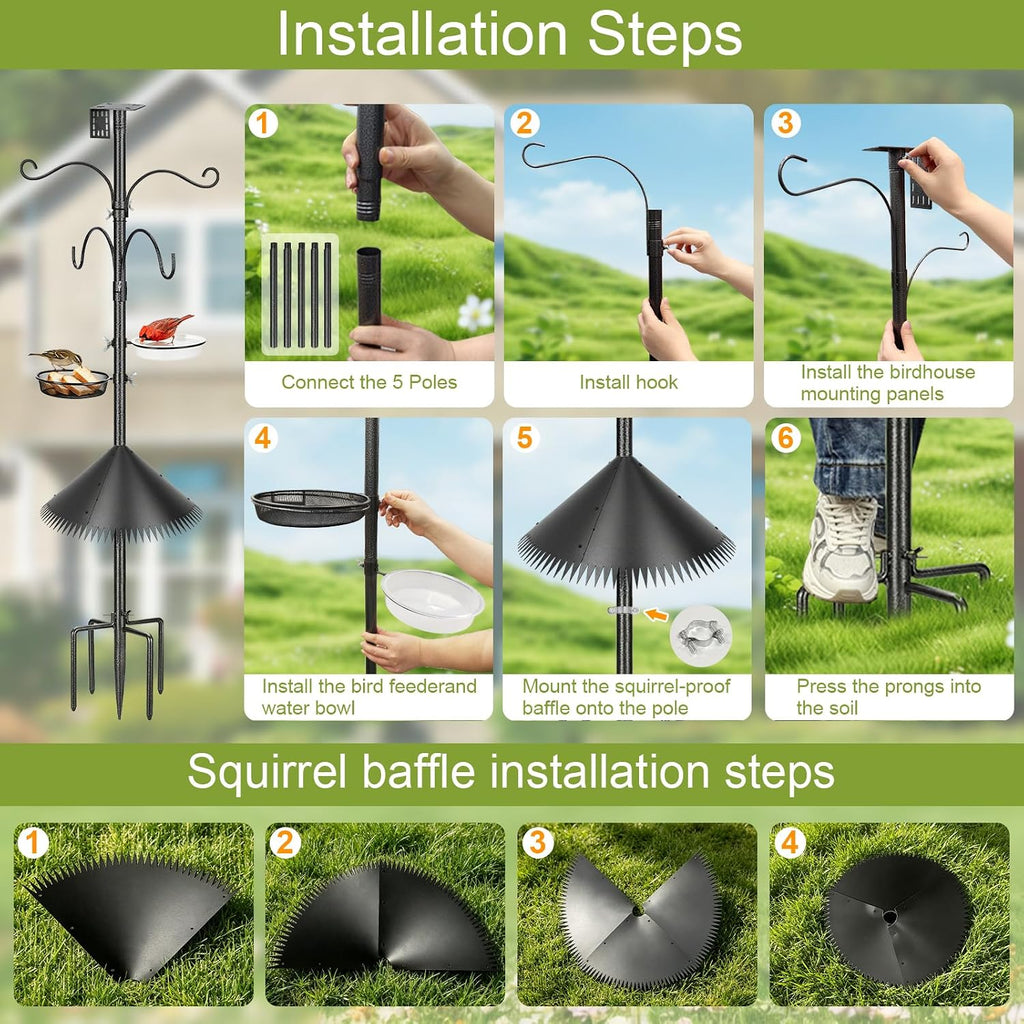 Bird Feeder Pole, 92 Inch Squirrel-Proof Bird Feeder Stand with 4 Shepherd Hooks, Water Bowl and Mesh Tray