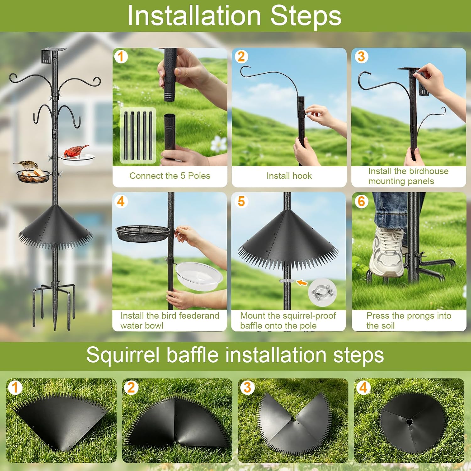 Bird Feeder Pole, 92 Inch Squirrel-Proof Bird Feeder Stand with 4 Shepherd Hooks, Water Bowl and Mesh Tray