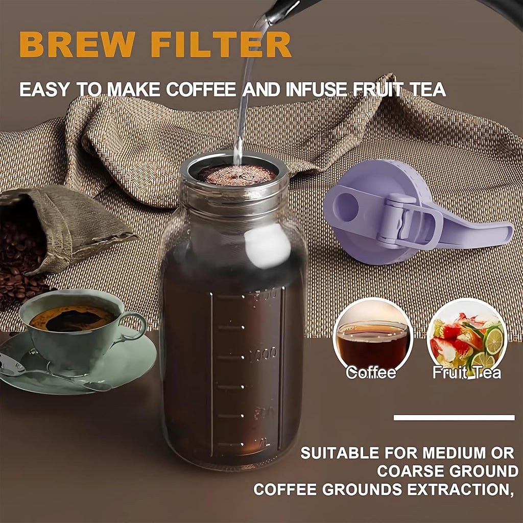 Cold Brew Coffee Maker, 64 oz Glass Mason Pitcher | 100μm stainless steel filter, wide mouth design, leak-proof lid