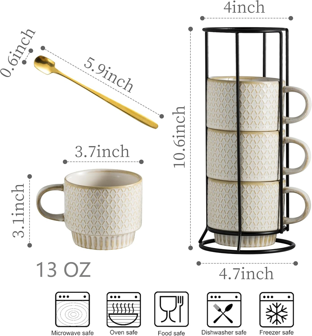 Stackable Coffee Mugs, Coffee Cups, Mug Set of 4 with Spoons - 13 Oz Coffee Cup Set with Stand, Ceramic Coffee Mug