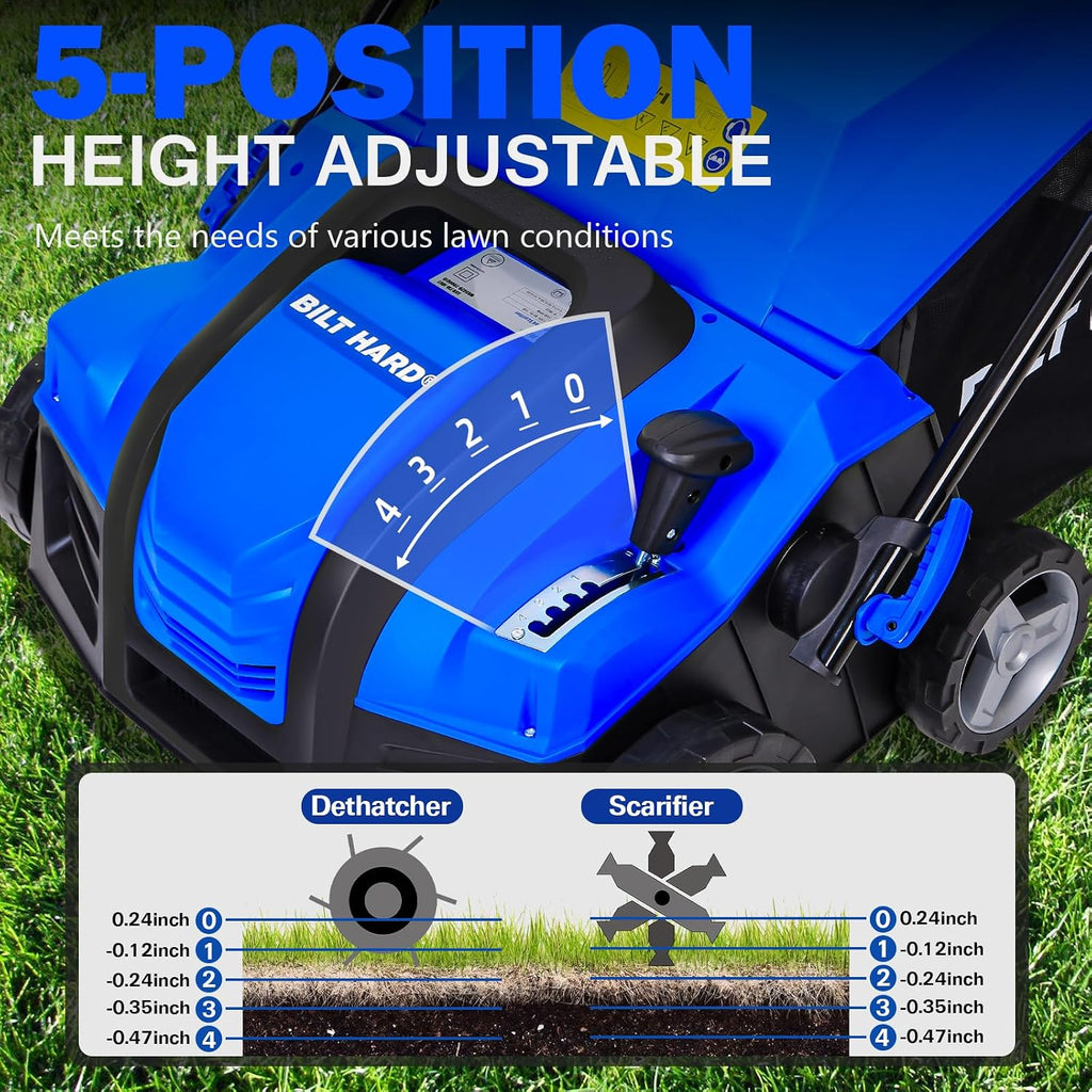 16 Inch Dethatcher Scarifier Electric Powered, 15 Amp Copper Motor, 5-Position Depth Adjustment, 14.5 gal Thatch Bag