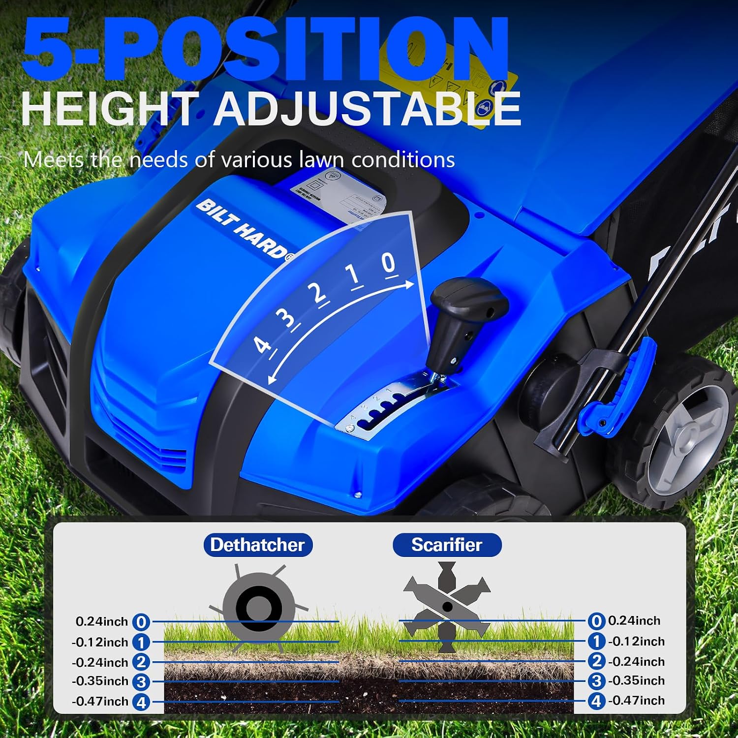16 Inch Dethatcher Scarifier Electric Powered, 15 Amp Copper Motor, 5-Position Depth Adjustment, 14.5 gal Thatch Bag