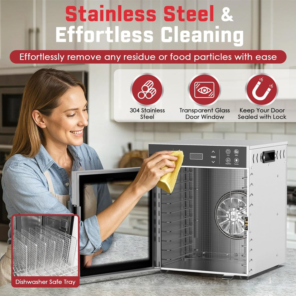 10-Tray Stainless Steel Food Dehydrator, 400W with 4 Presets