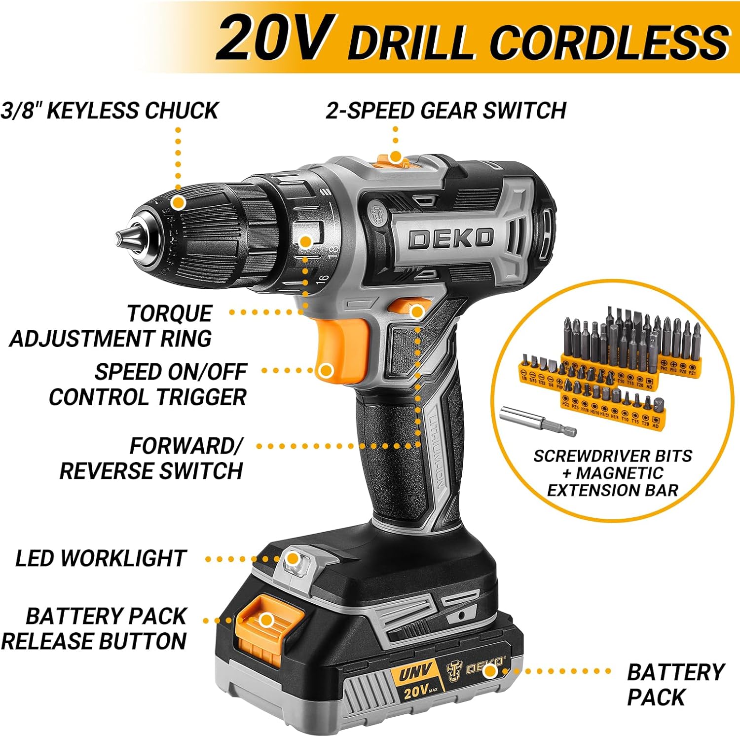 Cordless Drill Tool Kit Set: 20V Power Drill Tool Box with Battery Electric Drill Driver for Men Home Hand Repair