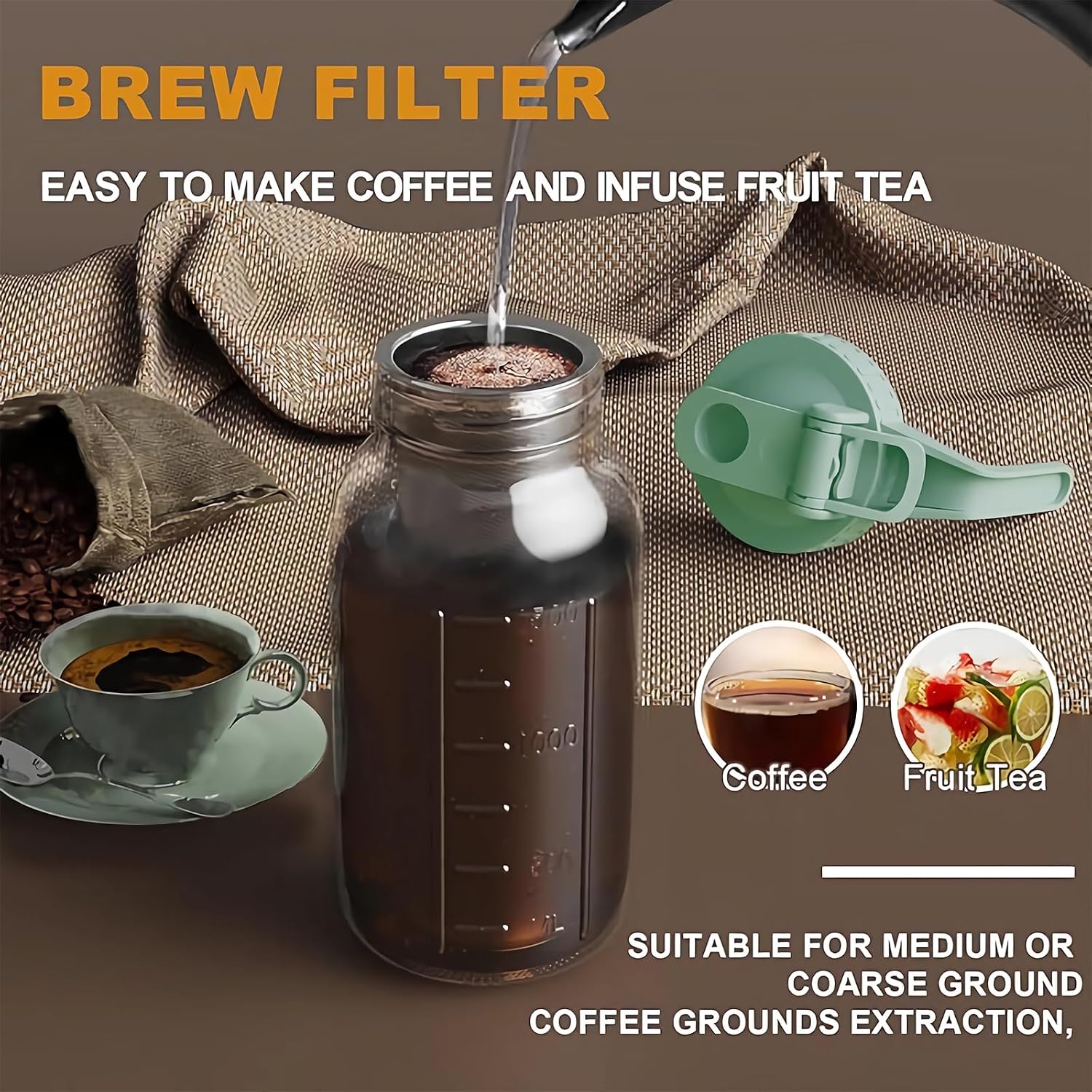 Cold Brew Coffee Maker, 32 oz Glass Mason Pitcher | 100μm stainless steel filter, wide mouth design, leak-proof lid