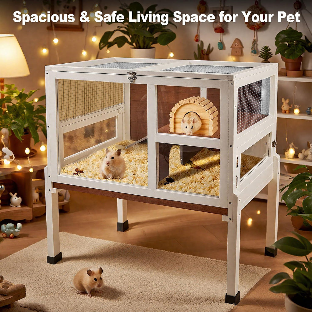 2-Story Guinea Pig Cage with Stand, Indoor Wooden Hamster Cage with Ramp, Pull-Out Tray, Hideout & Platform, Acrylic