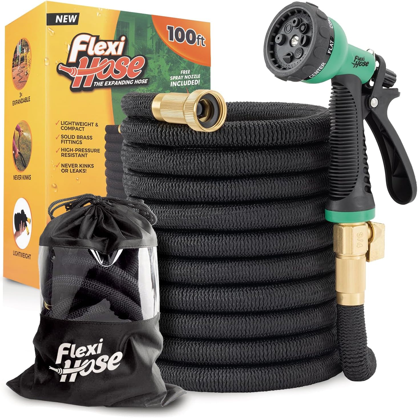 Plus Expandable Garden Hose with 8 Function Nozzle, 100FT - Lightweight Retractable Garden Hose, Water Hose - No-Kink