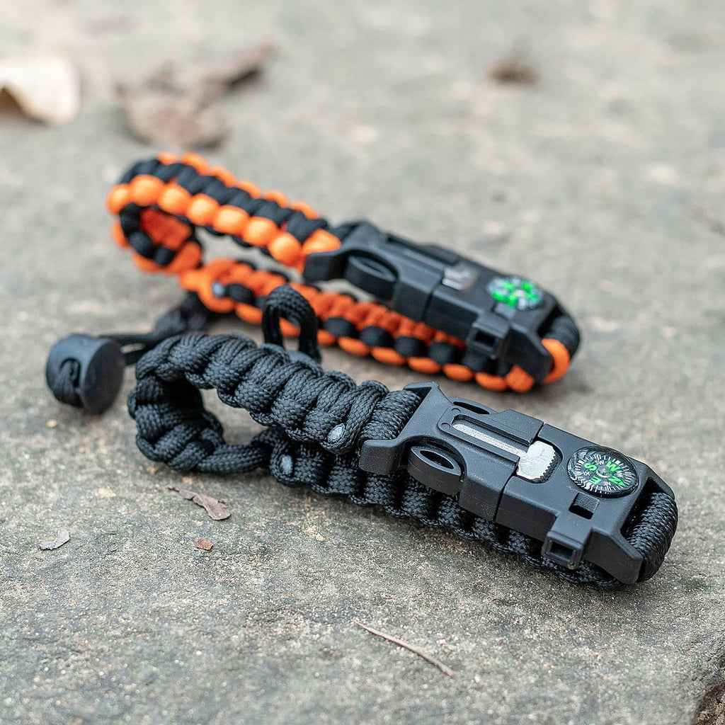 Paracord Survival Bracelets - 2 Pack, Adjustable Size, Loud Whistle, Fire Starter - Ideal for Outdoor Enthusiasts
