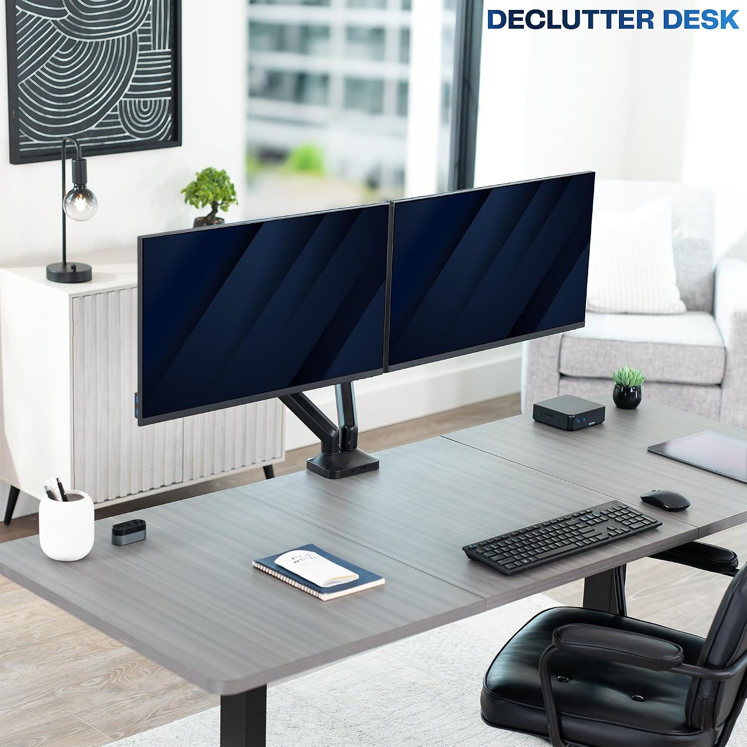Dual Pneumatic Arm Ultra-Wide Monitor Mount for up to 35 inch Screens, Holds 26.4 lbs per Arm, Desk Mount Monitor