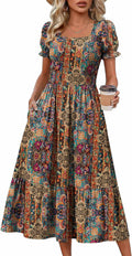 Summer Dresses for Women Flowy Casual Midi Dress Short Sleeve Tiered Dress Beach Vacation Sundresses with Pockets