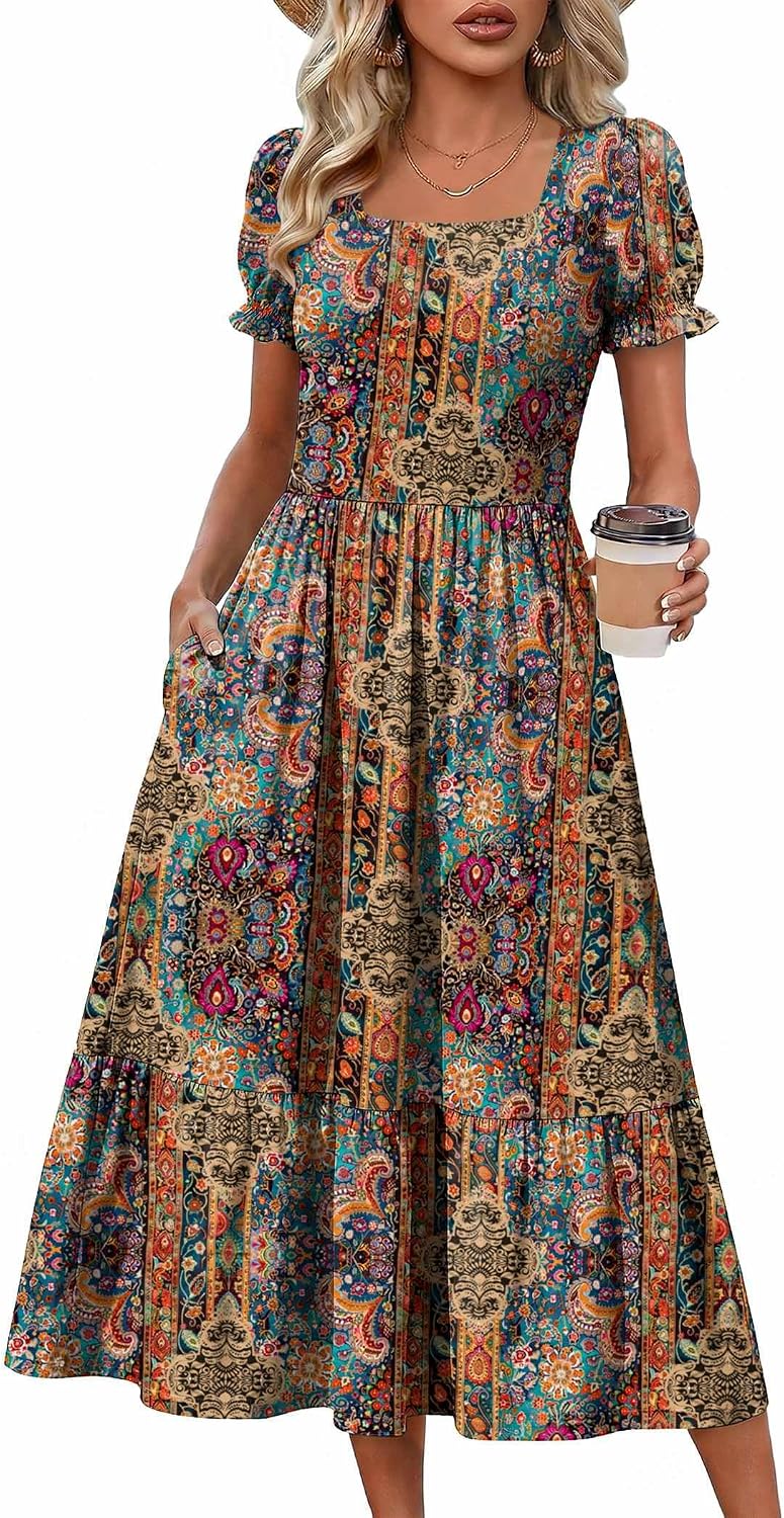 Summer Dresses for Women Flowy Casual Midi Dress Short Sleeve Tiered Dress Beach Vacation Sundresses with Pockets