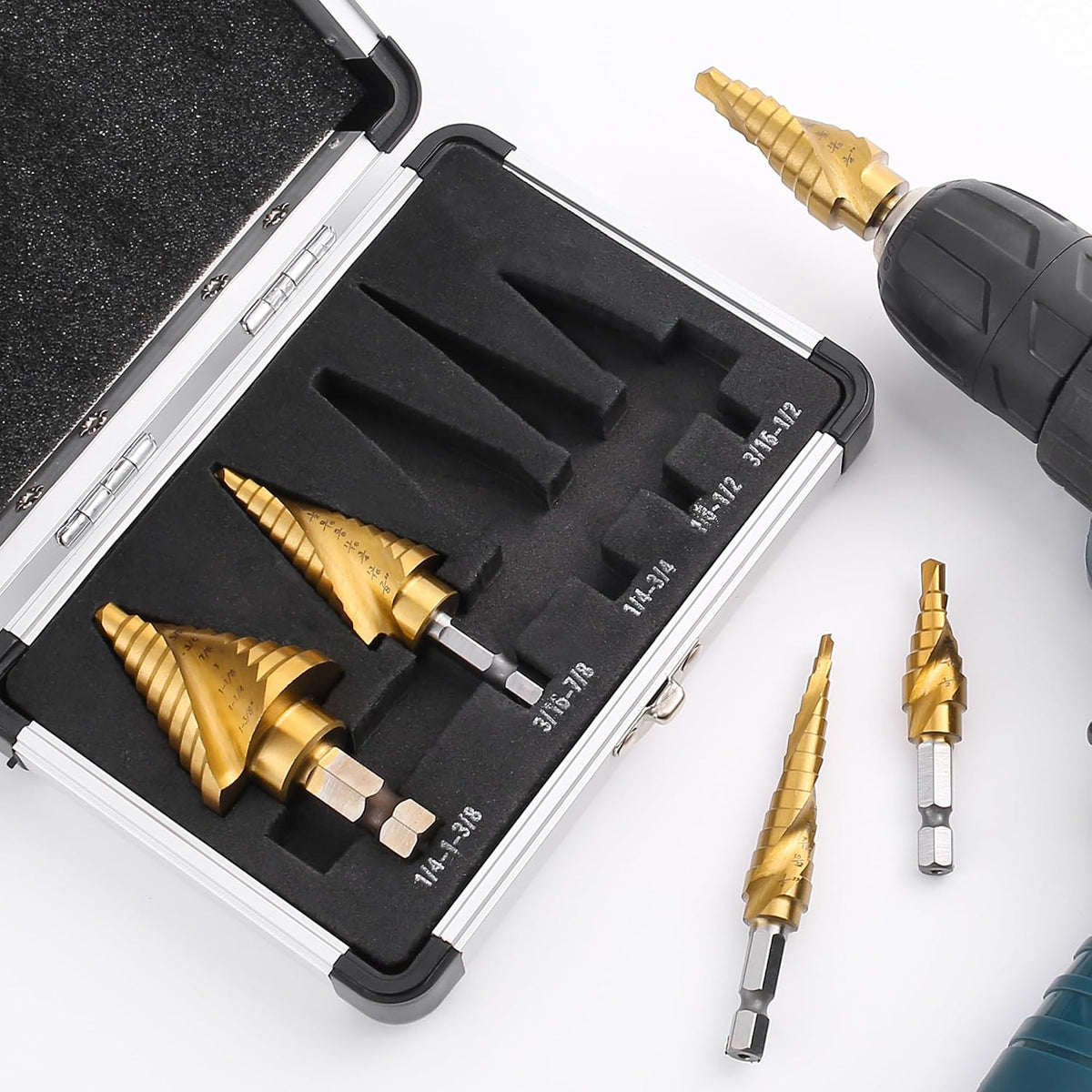 5PCS Spiral Flute Titanium HSS Step Drill Bit Set for Metal Unibit