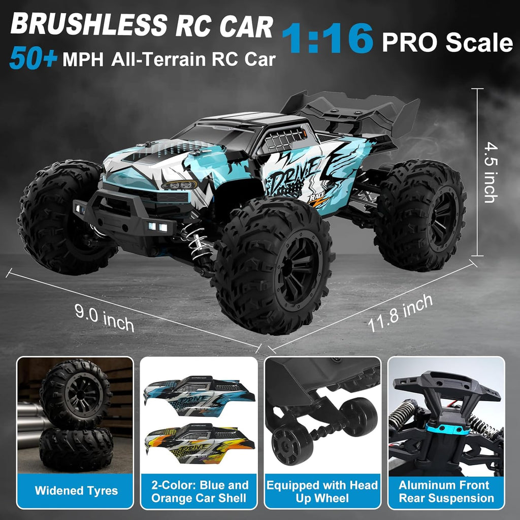 1:16 Scale Brushless RC Car - 50+ MPH High Speed All Terrain Off-Road Monster Truck for Adults & Teens 14+ | 2.4GHz