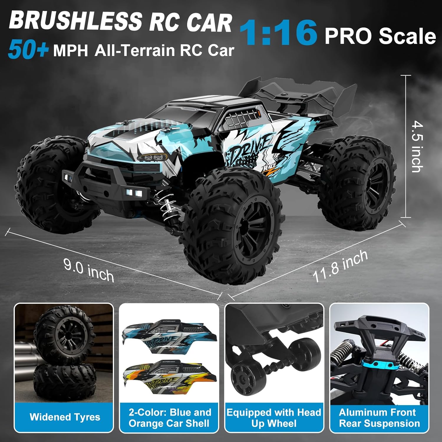 1:16 Scale Brushless RC Car - 50+ MPH High Speed All Terrain Off-Road Monster Truck for Adults & Teens 14+ | 2.4GHz