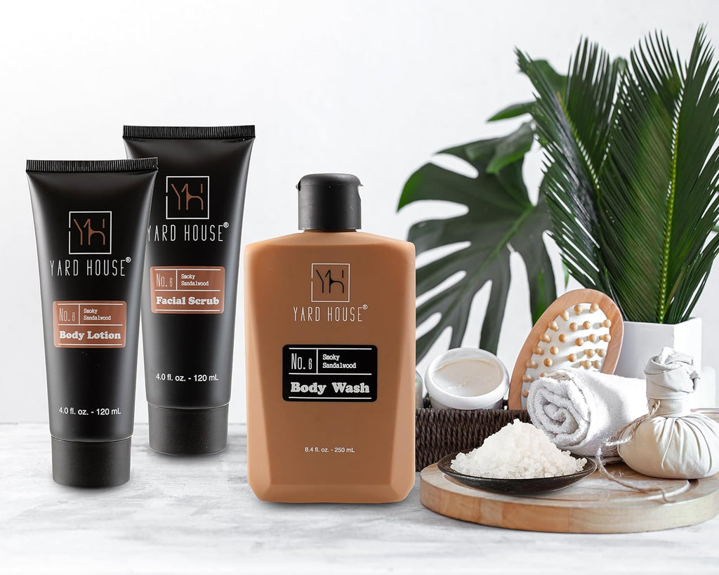 Luxury Mens Bath and Body Gift Set Basket For Him - Smoky Sandalwood - All Natural Skin Care Kit For Men w. Full Size