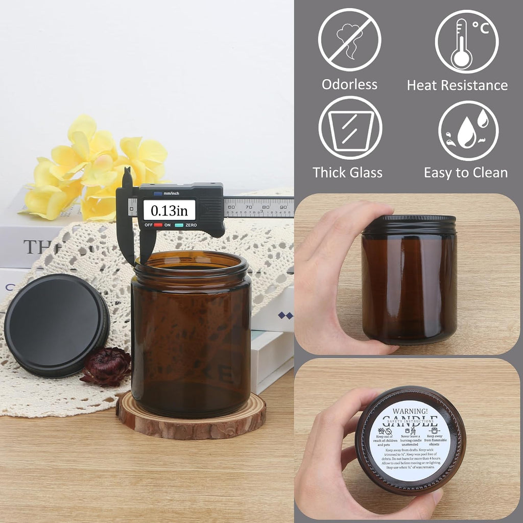 12 Pack 8 OZ Thick Glass Dark Amber Candle Jars with All Black Metal Lids-Bulk Empty Candle Jars for Making