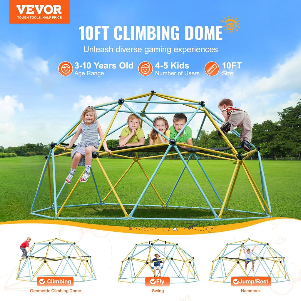 Climbing Dome, 10FT Geometric Dome Climber with Hammock and Swing, Jungle Gym Supports 750LBS and Easy Assembly for