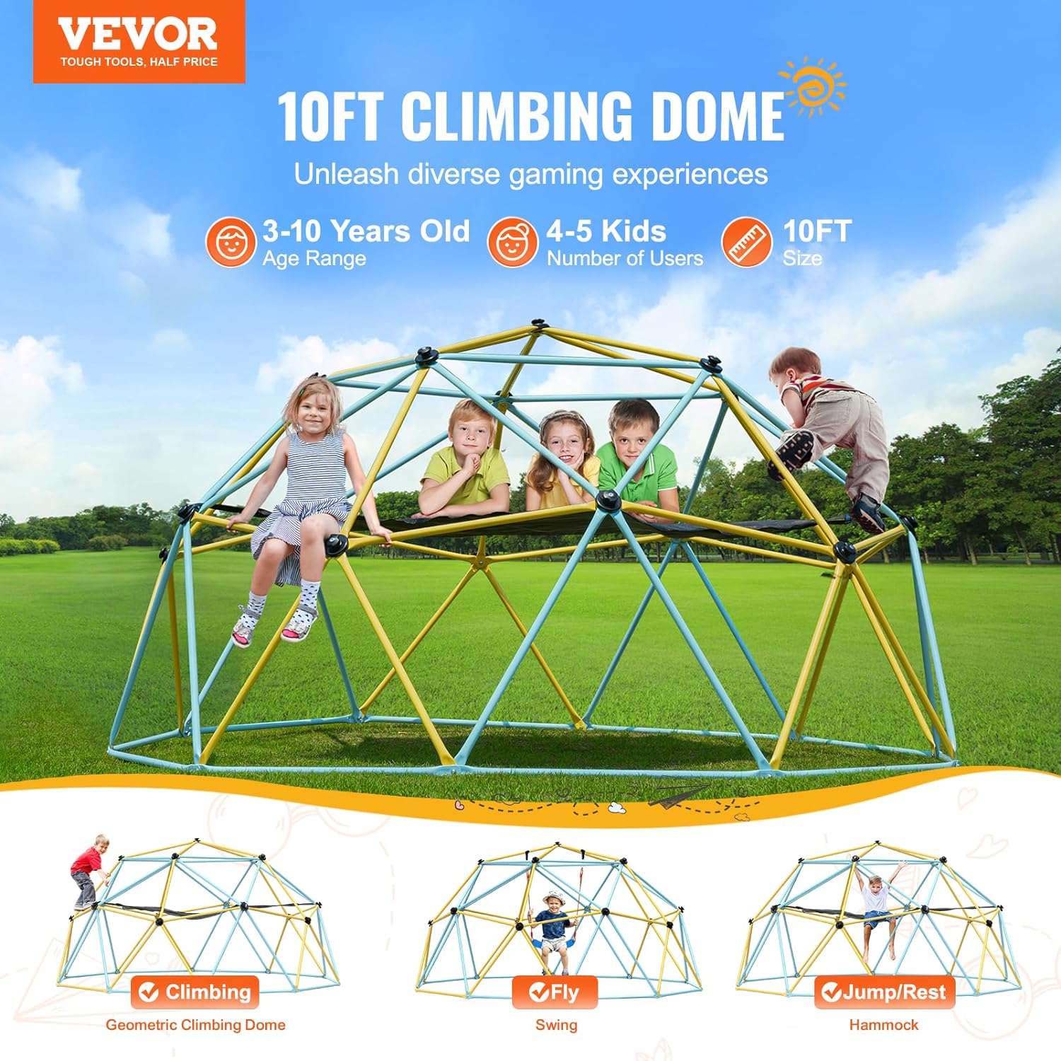 Climbing Dome, 10FT Geometric Dome Climber with Hammock and Swing, Jungle Gym Supports 750LBS and Easy Assembly for