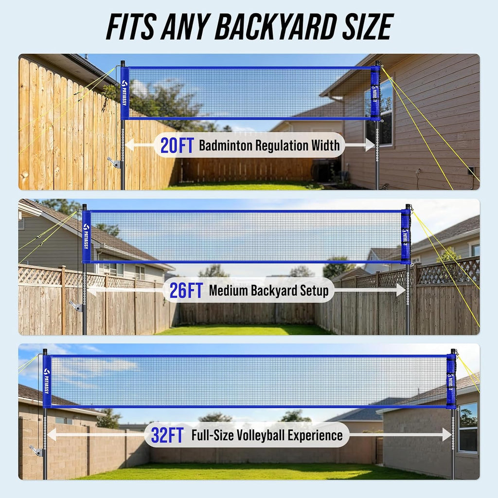 Portable Volleyball Net Set for Backyard, Adjustable Width (32/26/20FT) & Height, Anti-Sag Tension Design for Outdoor