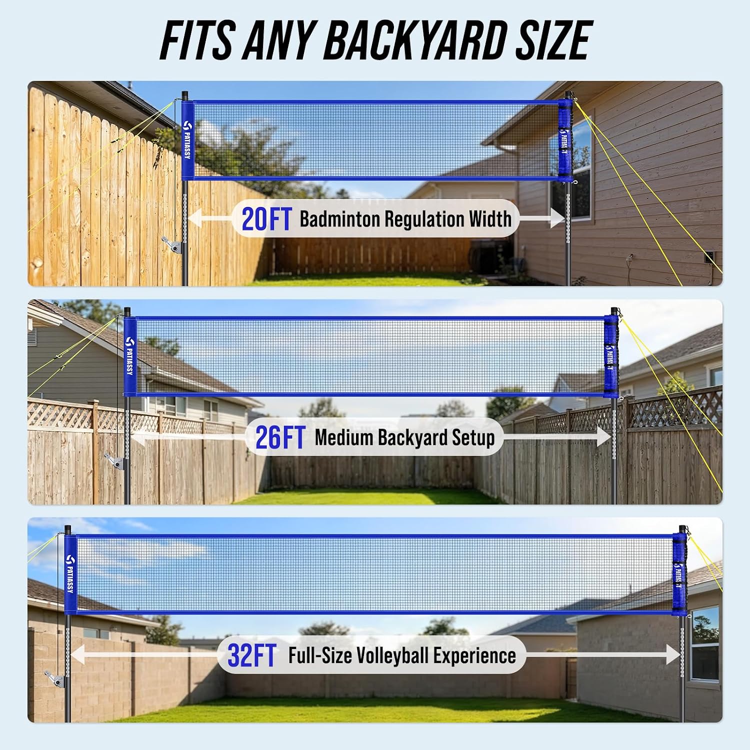 Portable Volleyball Net Set for Backyard, Adjustable Width (32/26/20FT) & Height, Anti-Sag Tension Design for Outdoor