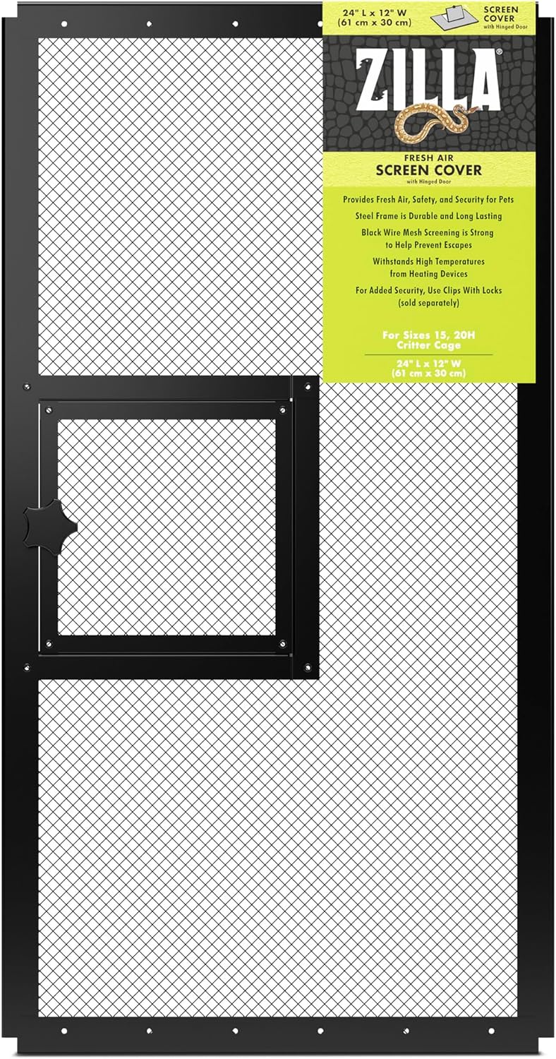 Pet Reptile Terrarium Fresh Air Screen Cover with Hinged Door 24" x 12" | Reptile tank accessories with locking door