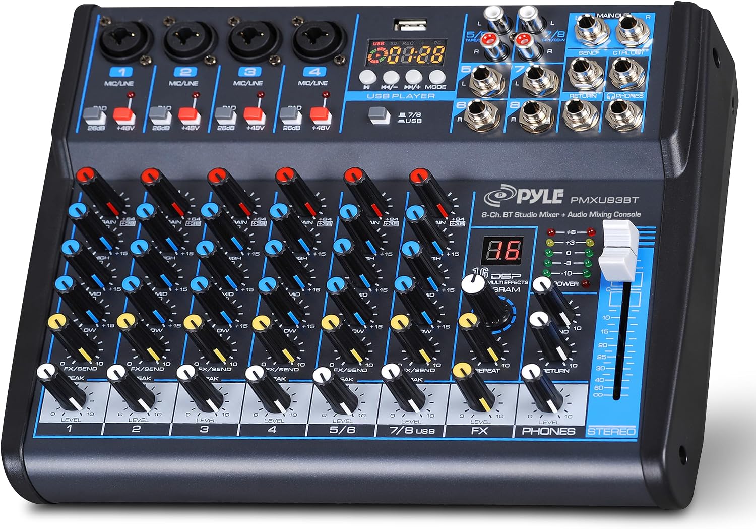 8 Channel DJ Audio Mixer, Bluetooth, DSP FX, USB, Audio Interface | +48V Phantom Power, 16Bit DSP Processor, USB-A