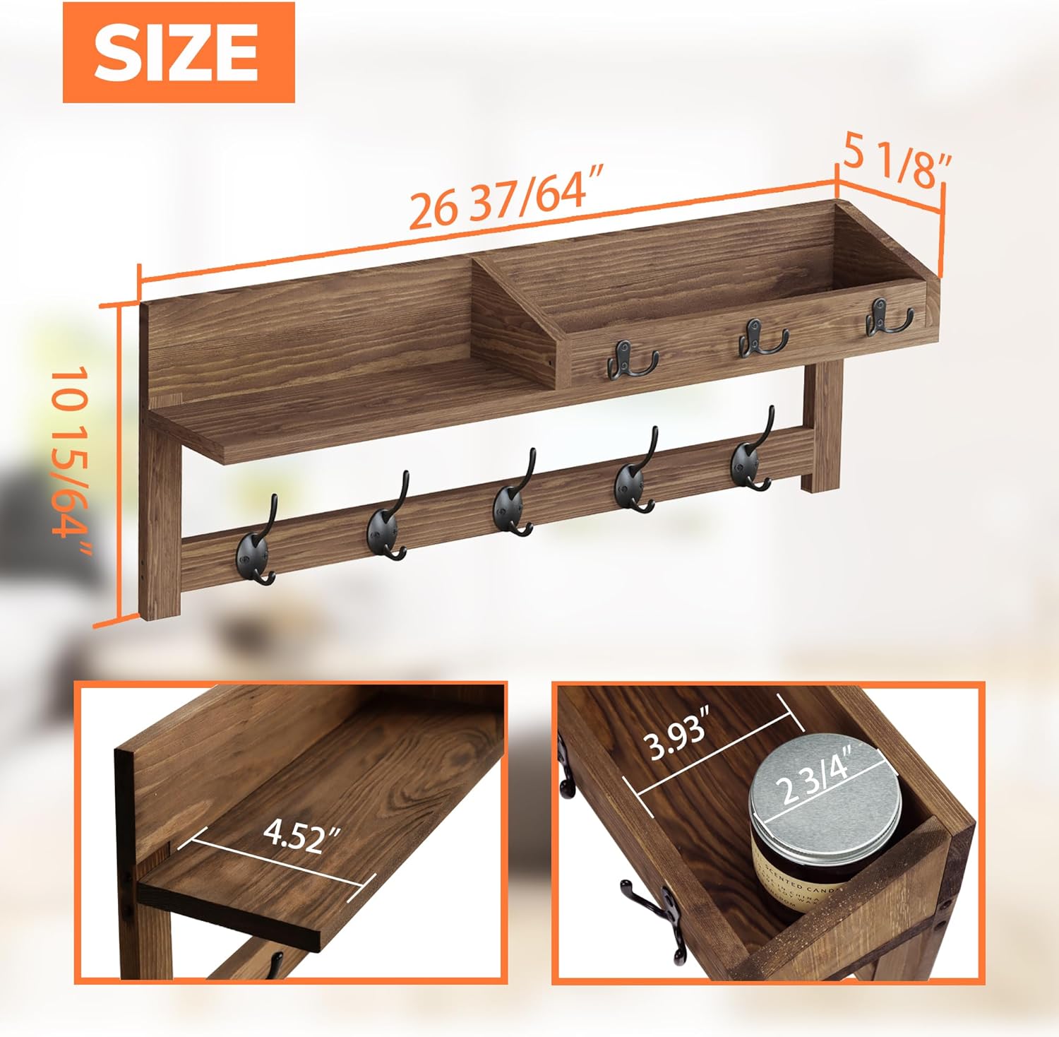 Wall Hooks with Shelf, 26.57 Inch Entryway Wood Coat Hooks for Wall with Shelf, Coat Rack Wall Mount with 5 Dual
