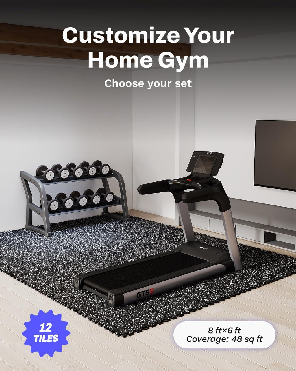 0.79in Thick 48 Sq Ft Exercise Equipment Mats, 12 Tiles Upgraded Rubber Top with High Density EVA Foam, Large