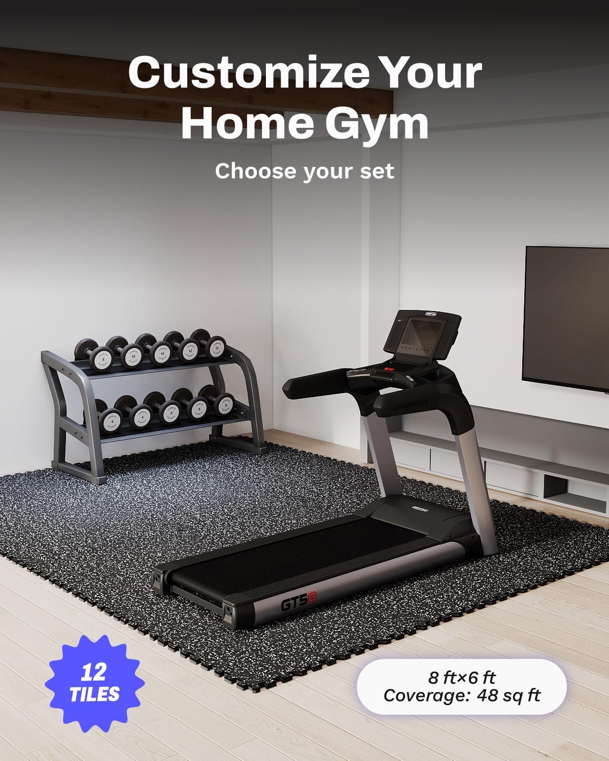 0.79in Thick 48 Sq Ft Exercise Equipment Mats, 12 Tiles Upgraded Rubber Top with High Density EVA Foam, Large