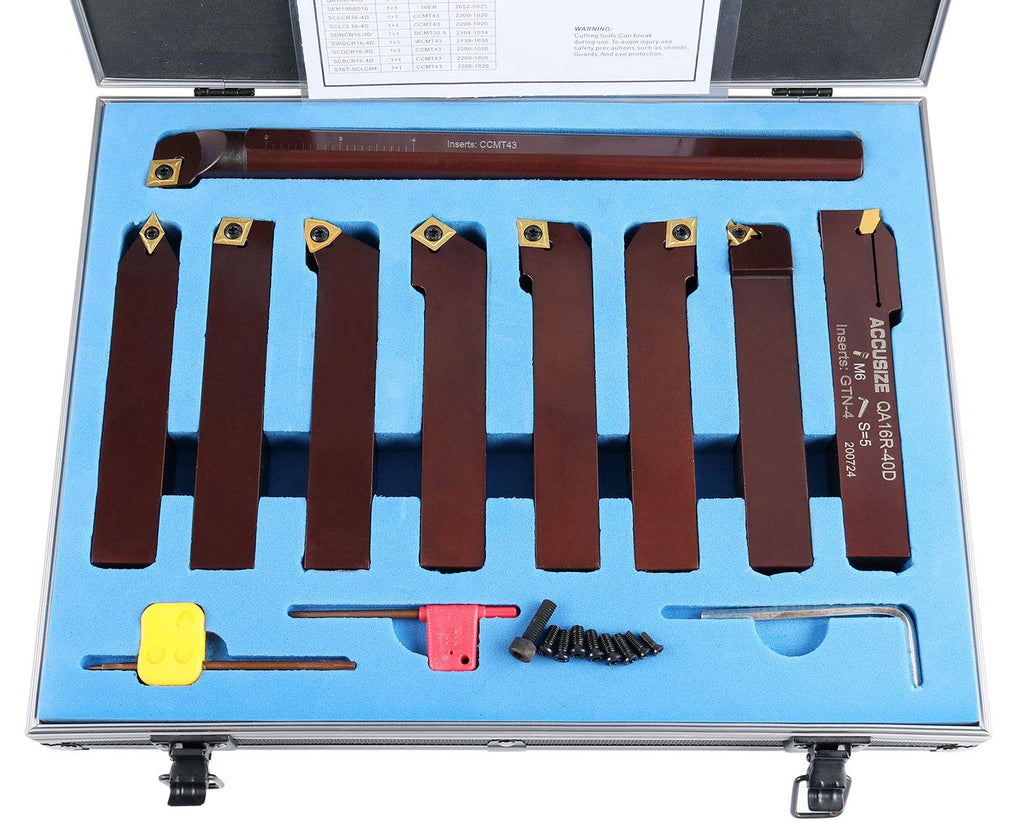 Accusize Industrial Tools 1" 9 Pieces/Set, Indexable Carbide Turning Tools and Boring Bar, 2988-0001