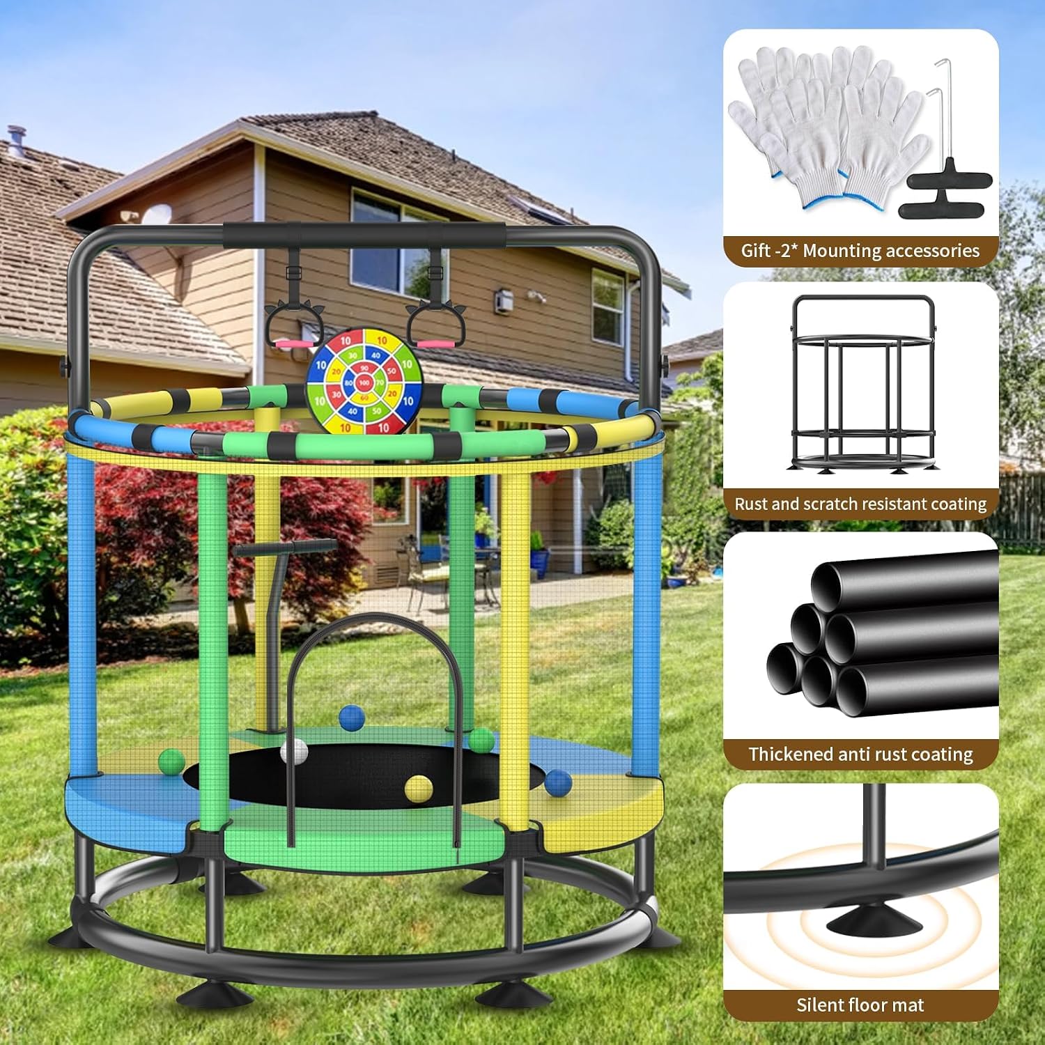 Trampoline for Kids, Full Anti-Rust 440lbs Anti-Rollover Round Bottom Toddler Trampoline, T-handrail Adjustable Baby