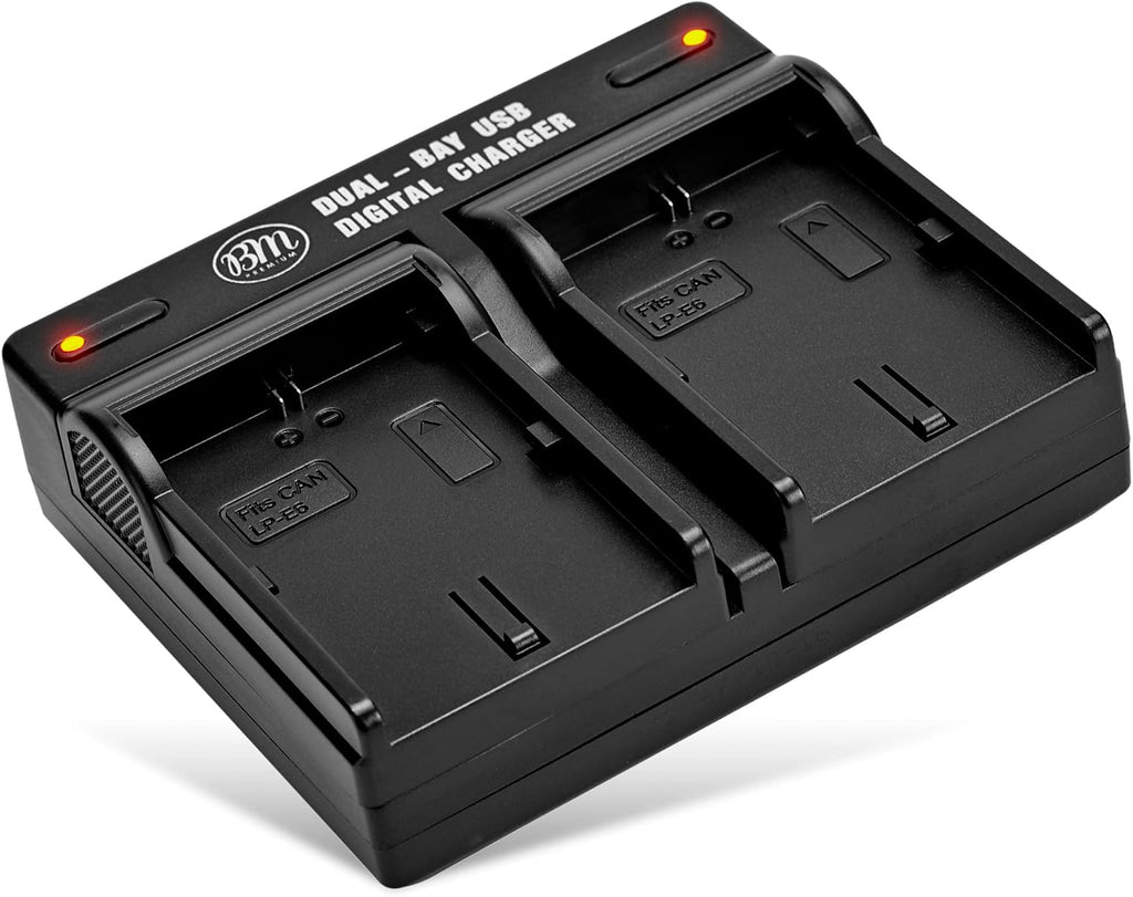 BM LP-E6, LP-E6N Dual Bay Battery Charger for Canon EOS R, EOS 90D, EOS 60D, EOS 70D, EOS 80D, EOS 5D II, EOS 5D III