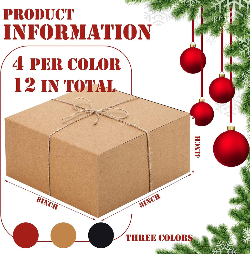12 Pcs Gift Boxes 8 x 8 x 4 Inch Square Red, Black, Brown